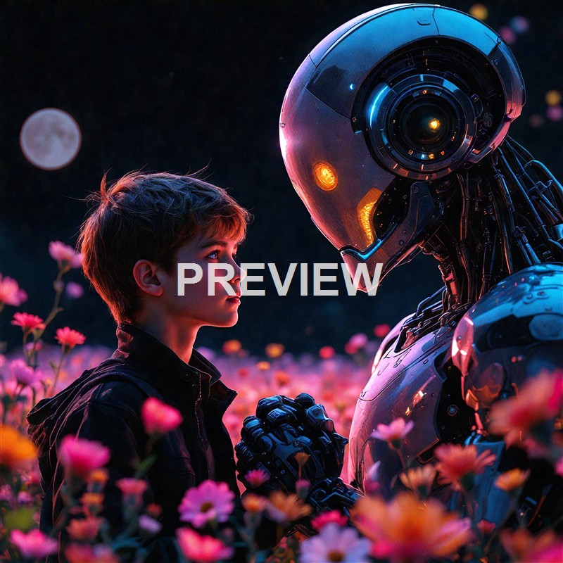 A young person with short hair is facing a humanoid robot in a field of pink and orange flowers under a night sky with a full moon.